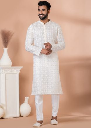 Off White Embroidered Men Kurta Pajama
