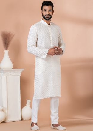 Off White Embroidered Men Kurta Pajama
