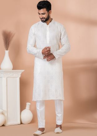 Off White Embroidered Men Kurta Pajama