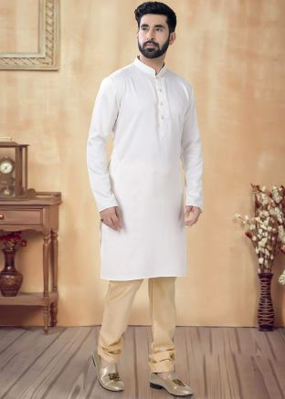 Cream Plain Readymade Men Art Silk Kurta Pajama