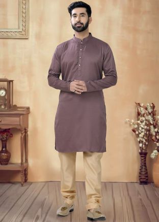 Rose Brown Readymade Plain Kurta Pajama In Art Silk