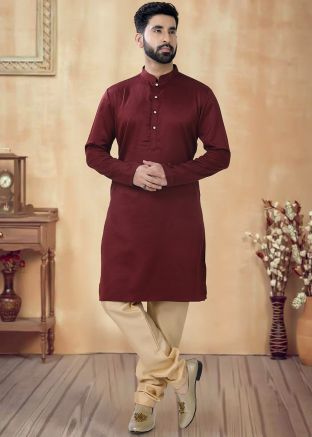 Maroon Readymade Art Silk Kurta Pajama In Plain