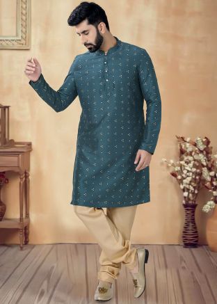 Green Foil Printed Readymade Kurta Pajama Art Silk 