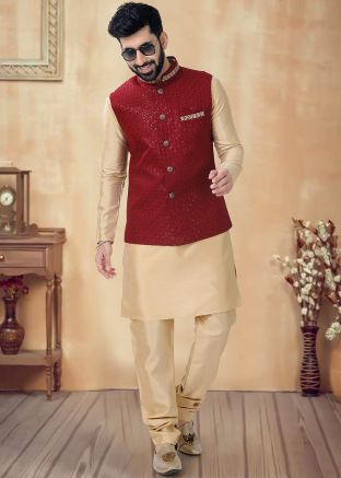 Golden Readymade Nehru Jacket And Mens Kurta Pajama