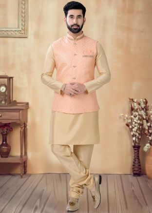 Golden Readymade Kurta Pajama And Nehru Jacket In Art Silk