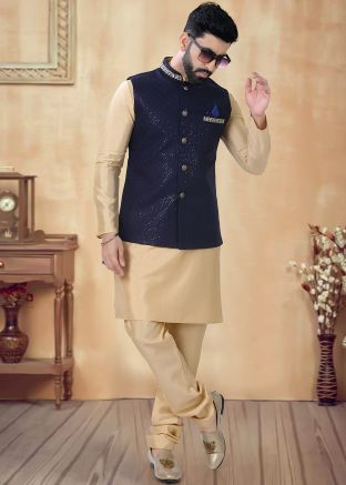 Golden Readymade Kurta Pajama With Embellished Nehru Jacket
