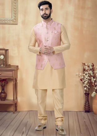 Golden Readymade Kurta Pajama With Nehru Jacket In Jacquard 