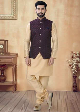 Golden Readymade Jacquard Nehru Jacket And Kurta Pajama