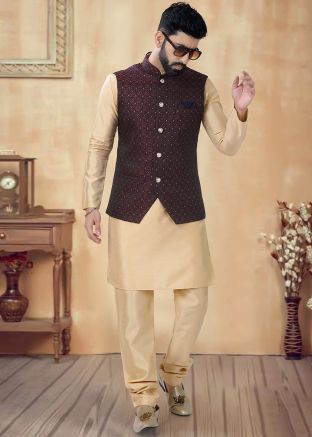 Golden Readymade Nehru Jacket And Mens Kurta Pajama