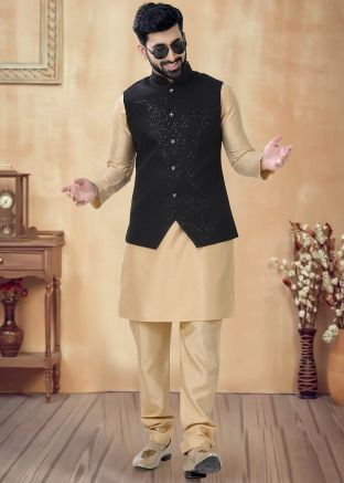 Golden Readymade Kurta Pajama With Nehru Jacket In Art Silk