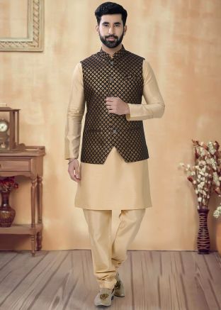 Golden Readymade Jacquard Nehru Jacket And Kurta Pajama