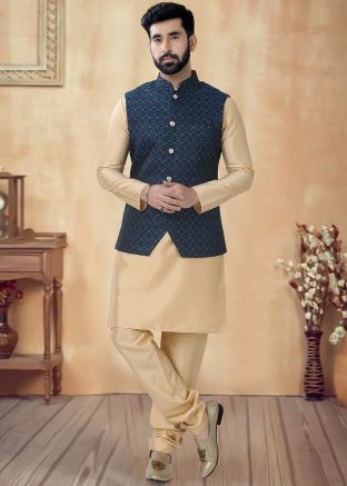 Golden Readymade Kurta Pajama With Nehru Jacket In Jacquard 