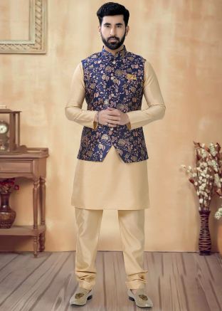 Golden Readymade Kurta Pajama With Printed Nehru Jacket
