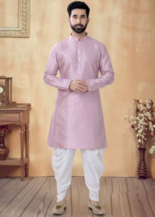 Pink Men Readymade Kurta With Dhoti In Art Silk