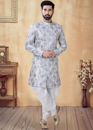 Grey Readymade Men Indowestern Sherwani In Art Silk