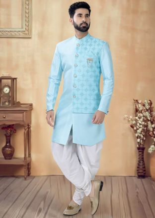 Light Blue Men Readymade Dhoti With Indowestern Sherwani 
