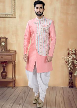Pink Readymade Men Indowestern Sherwani In Art Silk