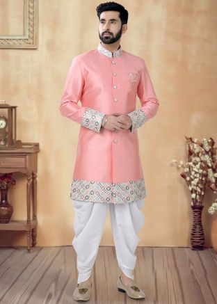 Pink Readymade Men Indowestern Sherwani With Dhoti