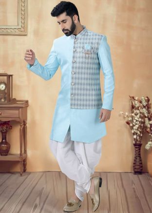 Blue Men Readymade Indowestern Sherwani In Art Silk