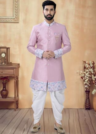 Pink Readymade Men Indowestern Sherwani With Dhoti