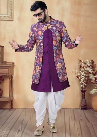 Purple Readymade Men Dhoti With Indowestern Sherwani 