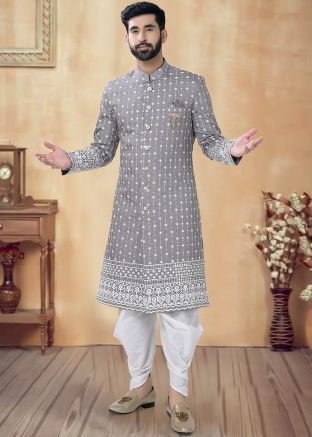 Grey Readymade Embroidered Indowestern Sherwani In Art Silk