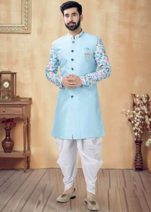 Sky Blue Men Readymade Indowestern Sherwani In Art Silk