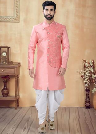 Pink Readymade Men Embroidered Indowestern Sherwani 