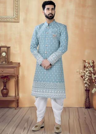 Dusty Blue Readymade Indowestern Sherwani With Dhoti