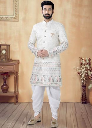 Cream Readymade Men Embroidered Indowestern Sherwani 