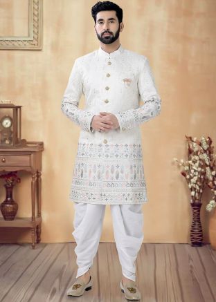 Cream Readymade Men Indowestern Sherwani And Dhoti In Art Silk