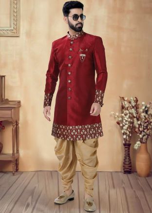 Maroon Readymade Men Indowestern Sherwani With Dhoti