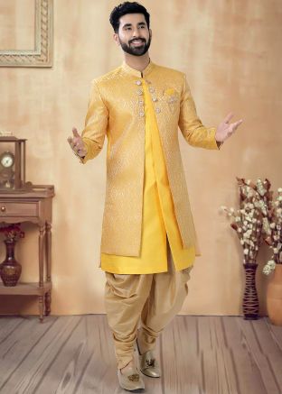 Yellow Readymade Men Indowestern Sherwani In Jacket Style
