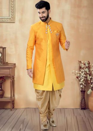 Yellow Readymade Jacket Style Indowestern Sherwani In Art Silk