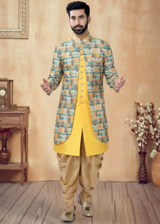 Yellow Readymade Jacket Style Indowestern Sherwani Set