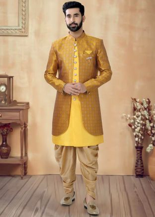 Yellow Readymade Art Silk Indowestern Sherwani In Jacket Style