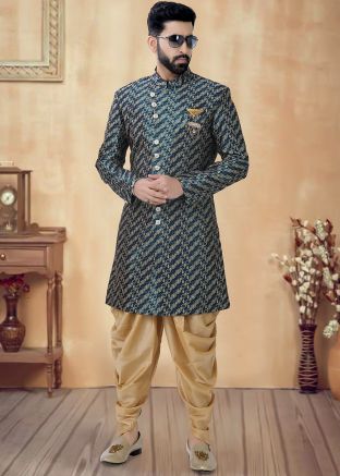 Green Embroidered Readymade Jacquard Indowestern Sherwani