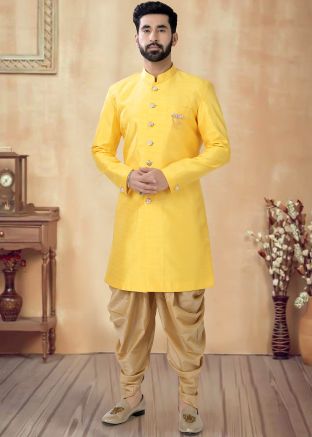 Yellow Readymade Art Silk Men Plain Indowestern Sherwani 