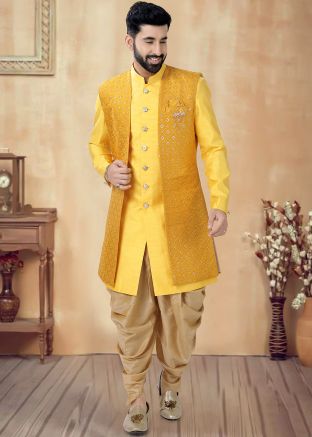 Yellow Readymade Art Silk Indowestern Sherwani With Jacket