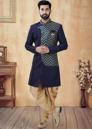 Blue Embroidered Readymade Indowestern Sherwani In Art Silk