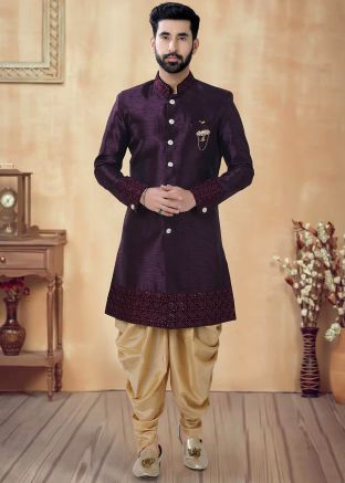 Wine Readymade Art Silk Indowestern Sherwani With Dhoti
