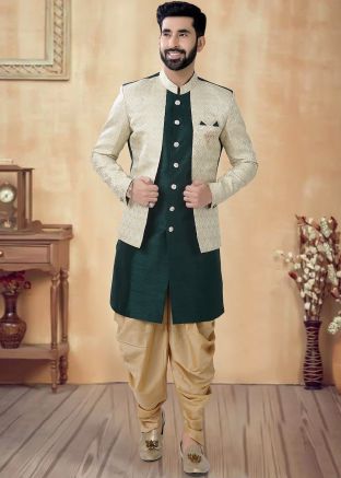 Green Men Readymade Art Silk Indowestern Sherwani Set