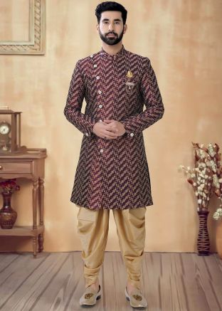 Maroon Readymade Men Indowestern Sherwani In Art silk