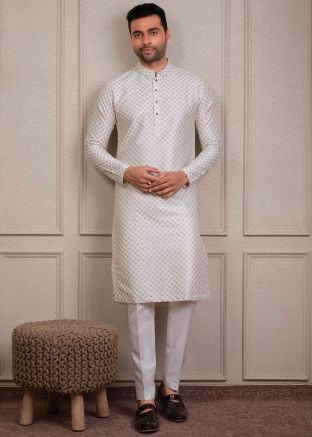 Cream Embroidered Kurta Pajama In Silk