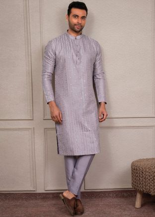 Purple Embroidered Men Kurta Pajama