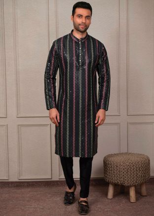 Black Embroidered Kurta Pajama In Silk