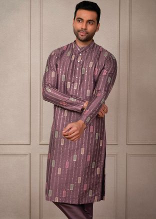 Purple Embroidered Men Kurta Pajama In Silk