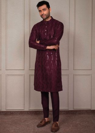Magenta Men Embroidered Kurta Pajama