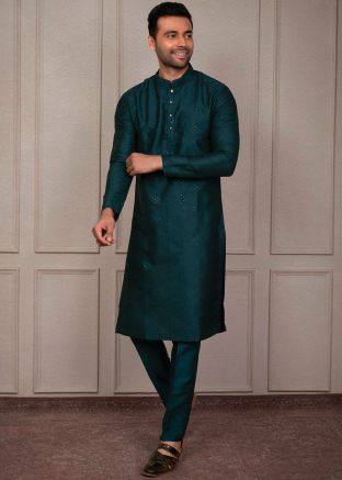 Teal Green Embroidered Men Kurta Pajama