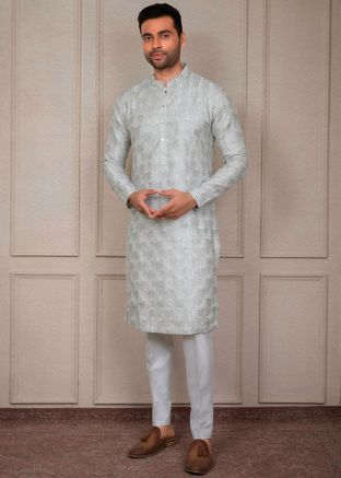 Blue Embroidered Kurta Pajama In Silk